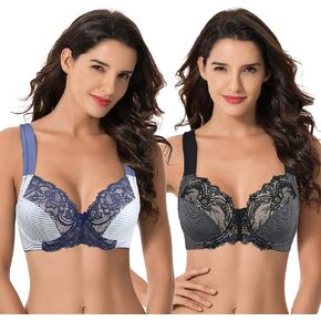 Curve Muse Women's Plus Size Unlined Underwire Lace Bra with Cushion Straps-2PK