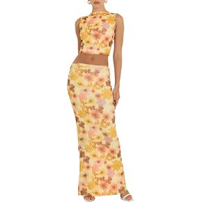 Women 2 Piece Long Skirt Set Floral Strapless Tube Top and Bodycon Maxi Skirts Summer Vintage Streetwear in Kuwait
