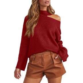 Women's Halter Neck Off Shoulder Sweaters Long Sleeve Solid Color Loose Chunky Knit Pullover Tops