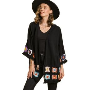 Umgee Linen Blend Open Front Color Crochet Long Sleeve Kimono