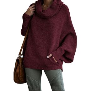 Womens Cowl Neck Pullover Sweaters with Pockets Lantern Long Sleeve Knit Casual Loose Bat Tunic Jumper Tops