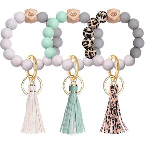 HZEYN 3 Pack Silicone Bead Keyring Bracelet Wristlet Keychain w/ Tassel House Car Key Ring Holder
