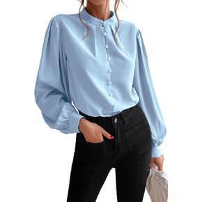Milumia Women's Elegant Button Down Blouse Long Sleeve Stand Collar Puff Sleeve Top