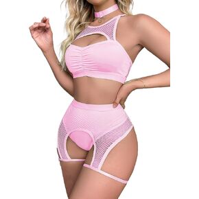 Lucky2Buy Rave Outfits for Women Festival Fishnet Lingerie Set Booty Shorts 3Pcs Babydoll Cutout Nightwear with Choker in Saudi Arabia