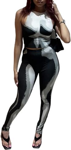 LovelyWholesale Women's Sexy 2 Pieces Outfits Jumpsuit Print Club Crop Tops and Skinny Leggings Sets in Saudi Arabia