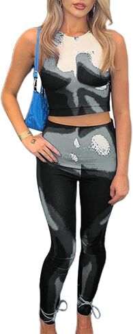 LovelyWholesale Women's Sexy 2 Pieces Outfits Jumpsuit Print Club Crop Tops and Skinny Leggings Sets in Saudi Arabia