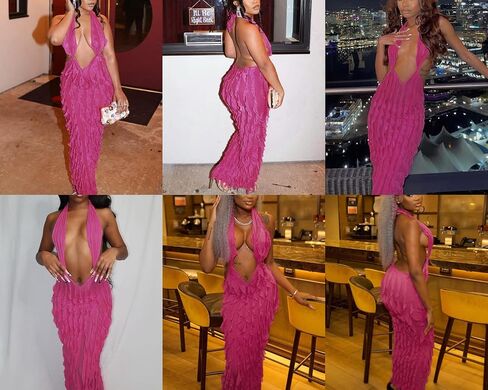 Suillty Women's Halter Low Cut Maxi Dress Sexy Sleeveless Hollow Out V Neck Backless Bodycon Party Club Long Dresses in Kuwait