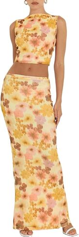 Women 2 Piece Long Skirt Set Floral Strapless Tube Top and Bodycon Maxi Skirts Summer Vintage Streetwear in Kuwait