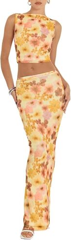 Women 2 Piece Long Skirt Set Floral Strapless Tube Top and Bodycon Maxi Skirts Summer Vintage Streetwear in Kuwait