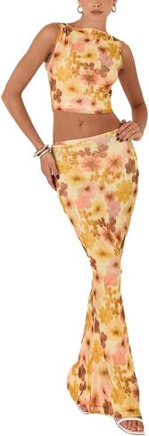 Women 2 Piece Long Skirt Set Floral Strapless Tube Top and Bodycon Maxi Skirts Summer Vintage Streetwear in Kuwait