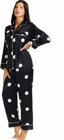 Lonxu Womens Satin Pajama Set Button Down Sleepwear Long Pj XS-3XL in Saudi Arabia
