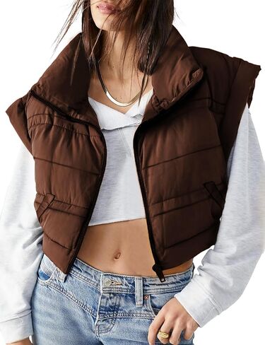 سترة منتفخة للنساء من Ailoqing سترات منتفخة بسحاب بدون أكمام ومبطنة مع جيوب in Kuwait