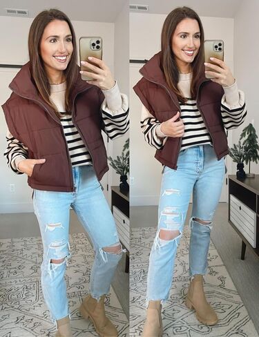 سترة منتفخة للنساء من Ailoqing سترات منتفخة بسحاب بدون أكمام ومبطنة مع جيوب in Kuwait