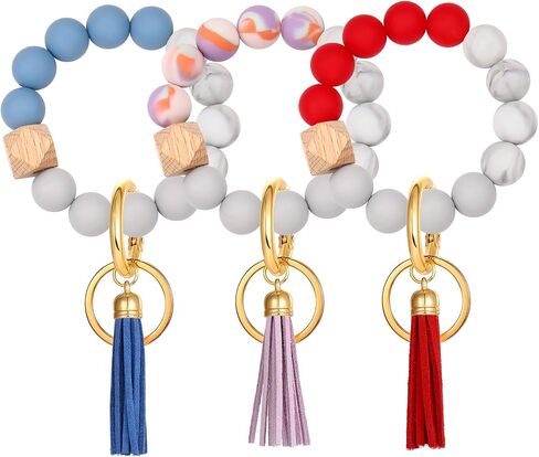 HZEYN 3 Pack Silicone Bead Keyring Bracelet Wristlet Keychain w/ Tassel House Car Key Ring Holder in Kuwait