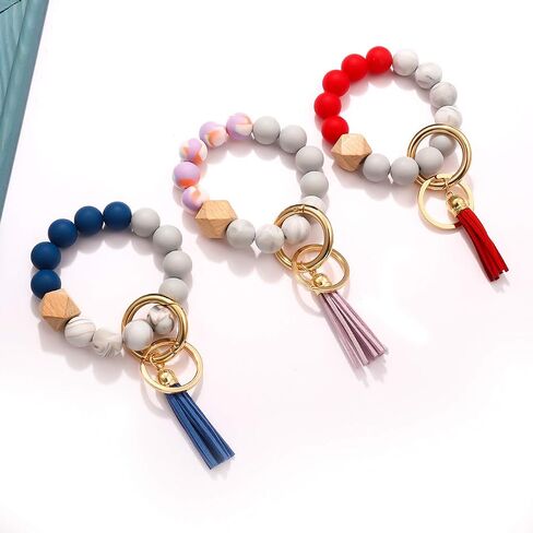 HZEYN 3 Pack Silicone Bead Keyring Bracelet Wristlet Keychain w/ Tassel House Car Key Ring Holder in Kuwait