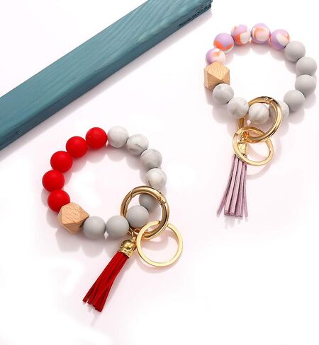HZEYN 3 Pack Silicone Bead Keyring Bracelet Wristlet Keychain w/ Tassel House Car Key Ring Holder in Kuwait