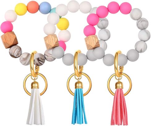 HZEYN 3 Pack Silicone Bead Keyring Bracelet Wristlet Keychain w/ Tassel House Car Key Ring Holder in Kuwait