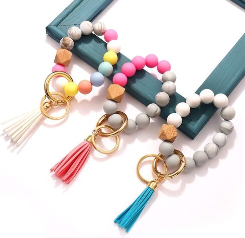 HZEYN 3 Pack Silicone Bead Keyring Bracelet Wristlet Keychain w/ Tassel House Car Key Ring Holder in Kuwait