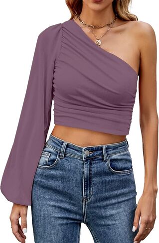 LYANER Women's Ruched One Shoulder Lantern Long Sleeve Crop Blouse Shirt Top in Saudi Arabia