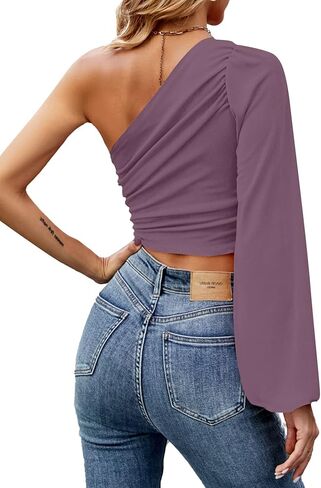 LYANER Women's Ruched One Shoulder Lantern Long Sleeve Crop Blouse Shirt Top in Saudi Arabia