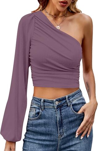 LYANER Women's Ruched One Shoulder Lantern Long Sleeve Crop Blouse Shirt Top in Saudi Arabia