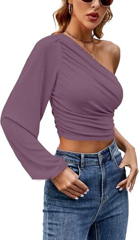 LYANER Women's Ruched One Shoulder Lantern Long Sleeve Crop Blouse Shirt Top in Saudi Arabia