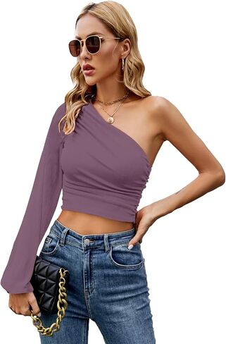 LYANER Women's Ruched One Shoulder Lantern Long Sleeve Crop Blouse Shirt Top in Saudi Arabia