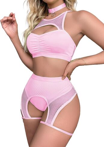 Lucky2Buy Rave Outfits for Women Festival Fishnet Lingerie Set Booty Shorts 3Pcs Babydoll Cutout Nightwear with Choker in Kuwait