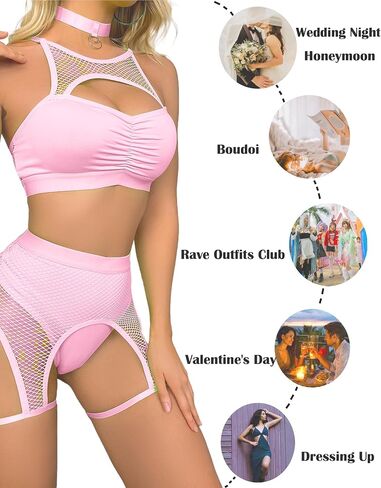 Lucky2Buy Rave Outfits for Women Festival Fishnet Lingerie Set Booty Shorts 3Pcs Babydoll Cutout Nightwear with Choker in Kuwait