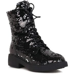 YIYA Women's Lace Up Glitter Sequin Combat Boots Round Toe Chunky Low Heel Side Zipper Sparkly Ankle Booties in Saudi Arabia