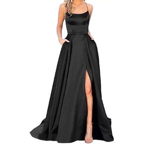 Rooscier Women's Satin Spaghetti Strap High Split Ruffle Backless Sexy Prom Maxi Dress in Saudi Arabia