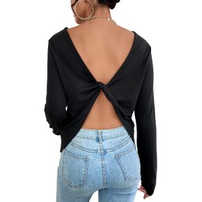 Verdusa Women's Twist Backless Solid Long Sleeve Open Back Tee Shirt Top in Saudi Arabia