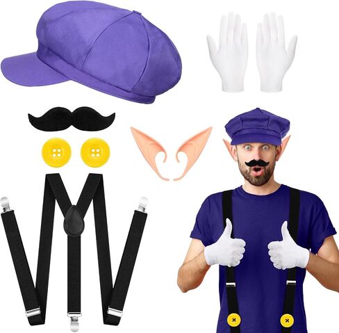 Xtinmee 6 Pcs Halloween Costume Set for Men Include Purple Newsboy Hat Elf Ears Fake Mustache White Gloves Adjustable Y Back Suspenders with Yellow Buttons for Cosplay Party in Saudi Arabia