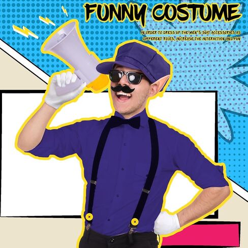 Xtinmee 6 Pcs Halloween Costume Set for Men Include Purple Newsboy Hat Elf Ears Fake Mustache White Gloves Adjustable Y Back Suspenders with Yellow Buttons for Cosplay Party in Saudi Arabia