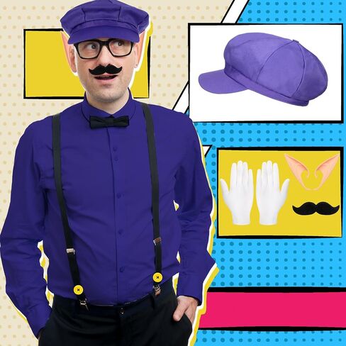 Xtinmee 6 Pcs Halloween Costume Set for Men Include Purple Newsboy Hat Elf Ears Fake Mustache White Gloves Adjustable Y Back Suspenders with Yellow Buttons for Cosplay Party in Saudi Arabia