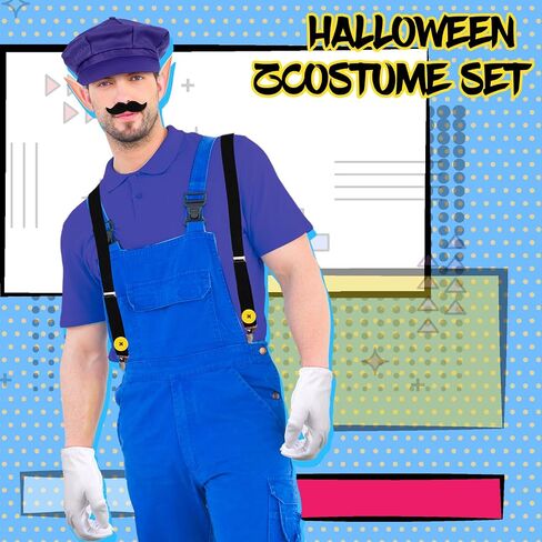 Xtinmee 6 Pcs Halloween Costume Set for Men Include Purple Newsboy Hat Elf Ears Fake Mustache White Gloves Adjustable Y Back Suspenders with Yellow Buttons for Cosplay Party in Saudi Arabia