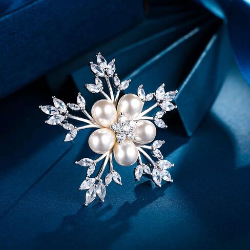 EleQueen Women's Silver-tone CZ Simulated Pearl Winter Snowflake Christmas Brooch Pin Ivory Color in Saudi Arabia