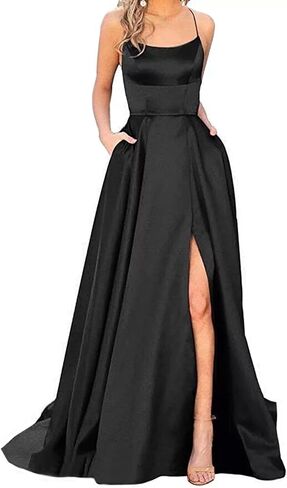 Rooscier Women's Satin Spaghetti Strap High Split Ruffle Backless Sexy Prom Maxi Dress in Saudi Arabia