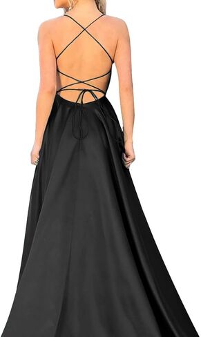 Rooscier Women's Satin Spaghetti Strap High Split Ruffle Backless Sexy Prom Maxi Dress in Saudi Arabia