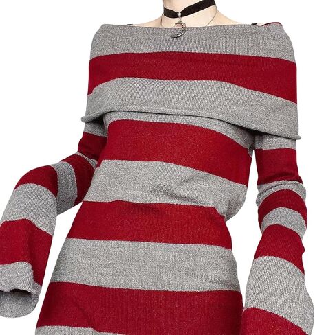 فستان Kimydreama نسائي مثير بأكمام طويلة مخطط فستان قصير مكشوف الأكتاف ورقبة مائلة محبوك ملفوف فستان سترة قصير in Kuwait