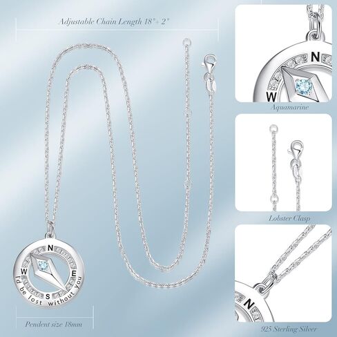 FANCIME Sterling Silver Compass Birthstone Necklaces for Women Girls Compass Jewelry for Wife Girlfriend Anniversary Birthday Fine Jewelry Gifts for Her, Adjustable Chain 18"+2" Extend in Saudi Arabia