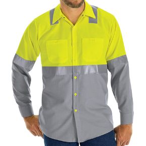 Red Kap Men's Size Hi-Vis LS Colorblock Work Shirt-Type R, Class 2, Yellow/Green Grey Ripstop, X-Large/Tall