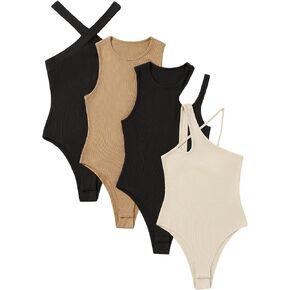 WDIRARA Women's 4 Pieces Cutout Crisscross Asymmetrical Rib Knit Skinny Bodysuit