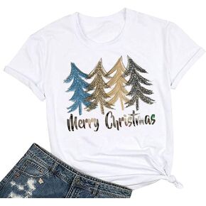 Beopjesk Christmas Shirts Womens Leopard Plaid Trees Printed Casual Short Sleeve Graphic Tees Tops in Kuwait
