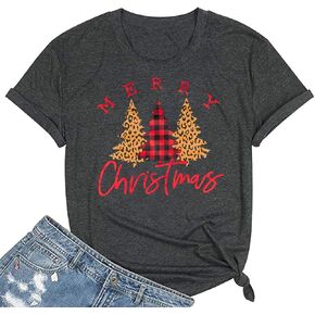 Beopjesk Christmas Shirts Womens Leopard Plaid Trees Printed Casual Short Sleeve Graphic Tees Tops
