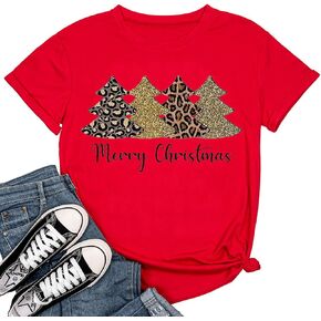 Beopjesk Christmas Shirts Womens Leopard Plaid Trees Printed Casual Short Sleeve Graphic Tees Tops