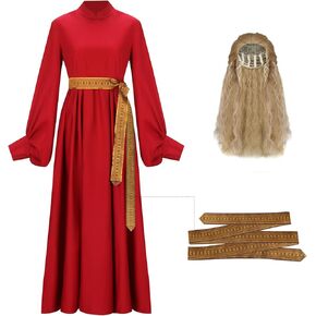 FOTOLARE Adult Women Renaissance Bridal Lantern Sleeve Long Dress Buttercup Red Gowns Wig Belt 3PCS Halloween Costumes