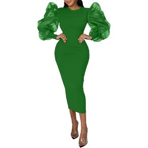Vrtige Women's Crewneck Mesh Puff Long Sleeve Zipper Cocktail Bodycon Midi Dress