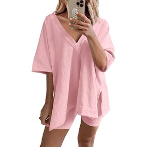 Yanekop Womens Oversized 2 Piece Outfit Sets Reversible V Neck T Shirt Biker Shorts Sports Tracksuit