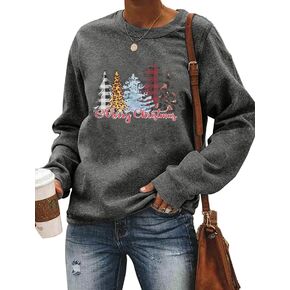 Merry Christmas Sweatshirt for Women Plaid Leopard Tree Long Sleeve Pullover Xmas Lightweight Holiday Tee Tops